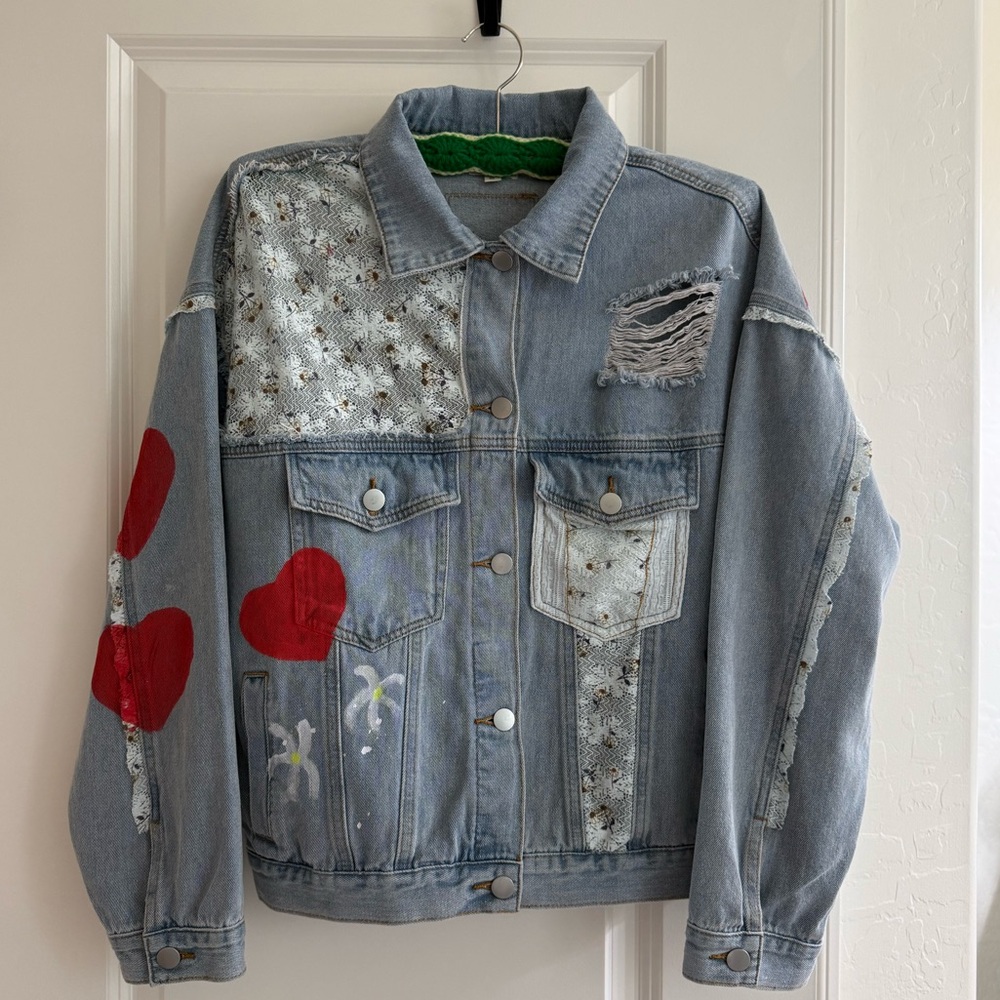 POL Light Blue Distressed Jean Jacket with Red Heart Accents Small